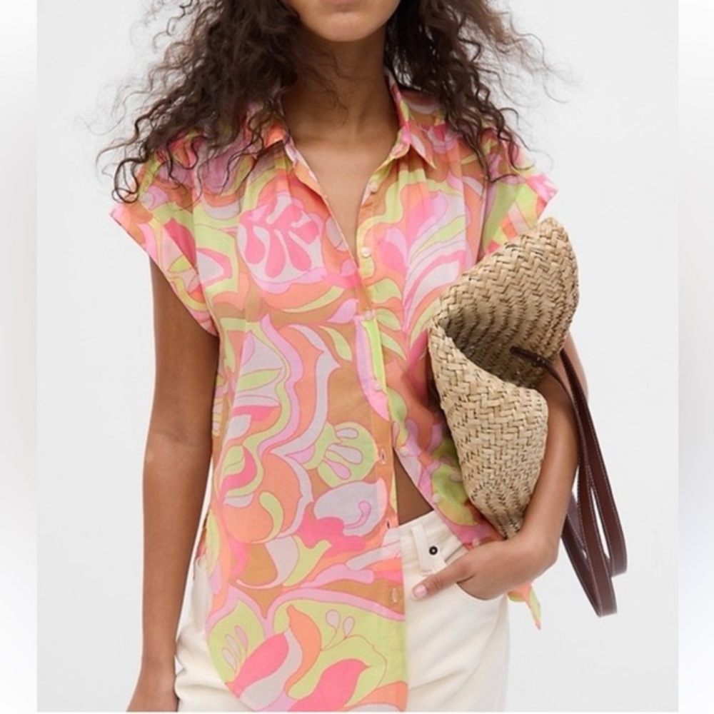 GAP vibrant tropical neon 100%‎ cotton Women Pink Swirl Button Down Shirt NWT M